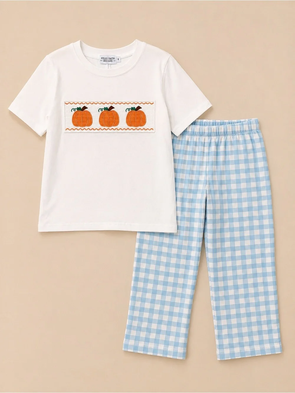 Rylee Faith Fall Thanksgiving Pumpkin Embroidery Smocking Gingham Boys Set 6T